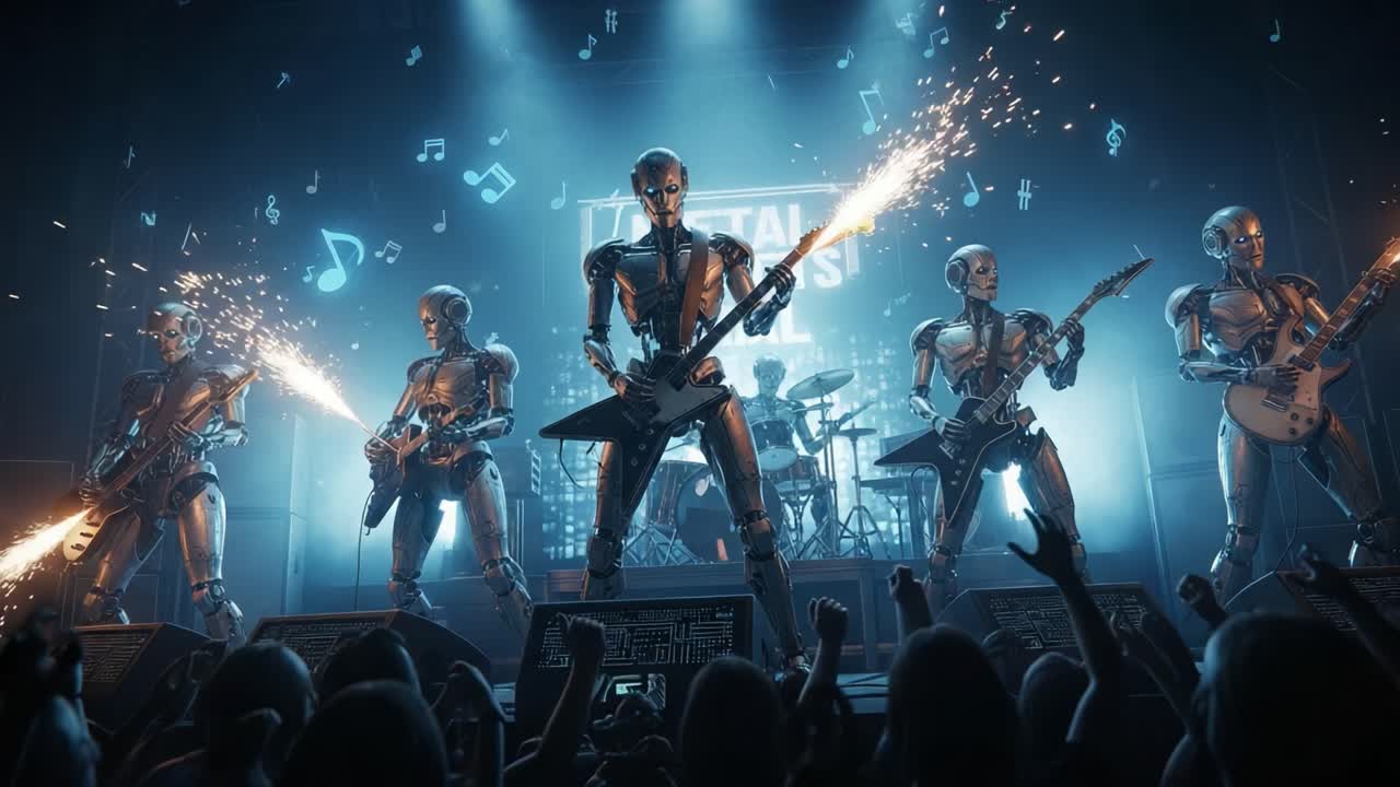 A Spectacular Robotic Concert Featuring Metallic Musicians with Electric Guitars Producing an Unforgettable Performance Filled with Sparks and Energetic Vibes