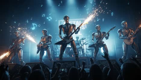 a spectacular robotic concert featuring metallic musicians with electric guitars producing an unforgettable performance filled with sparks and energetic vibes