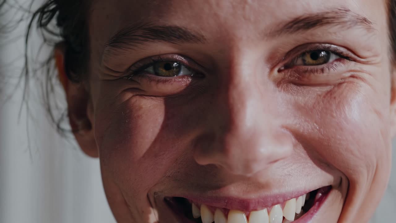 Close-up video still of a smiling person, capturing natural expression and emotion