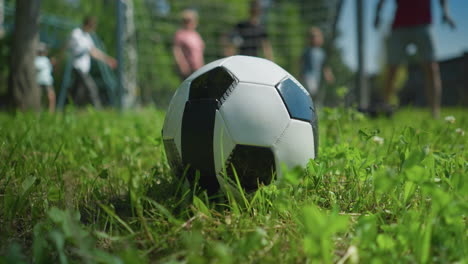 close-up view of a soccer ball resting on a grassy field with a blurred view of people walking in the background