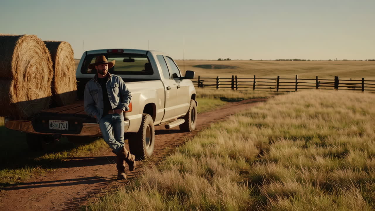 Man in a Cowboy Hat with Pickup Truck and Hay Bales in a Rural Field