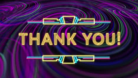 digital animation of neon thank you text against purple spiral light trails on black background