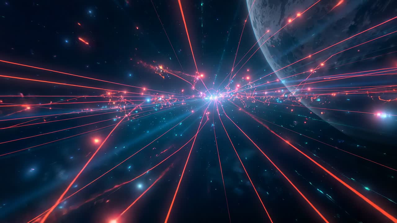 Intensifying core radiating powerful beams and particles across star field by planet, with tendrils