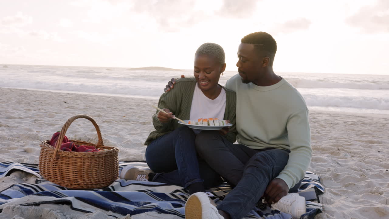 Sushi, beach and picnic couple dating