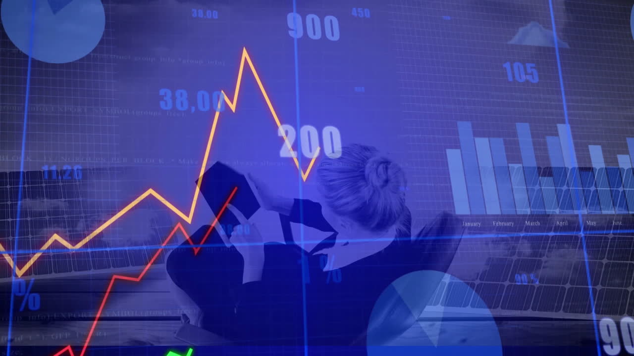 Businesswoman analyzing financial graphs and charts with data processing animation