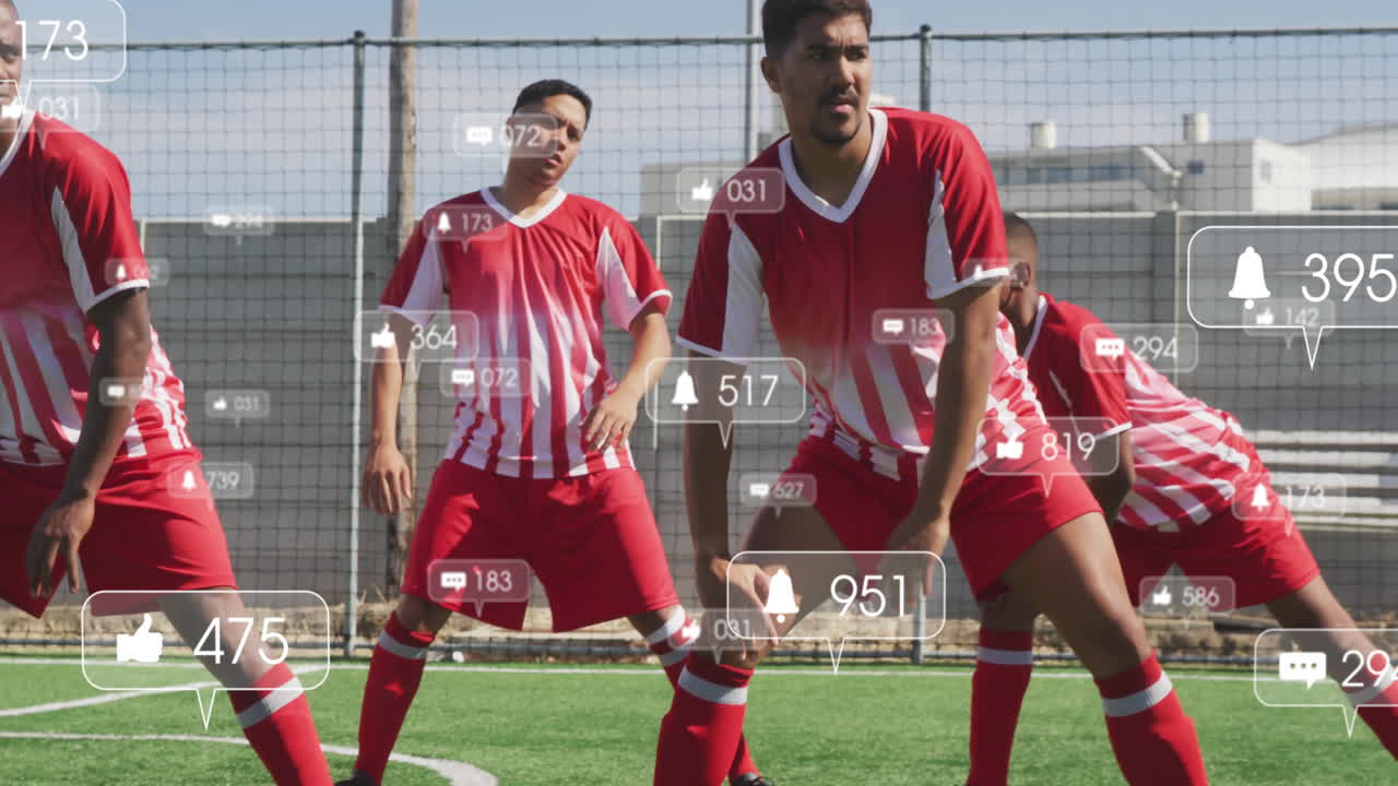 Group of soccer players stretching on turf, with social media icons displaying marketing stats