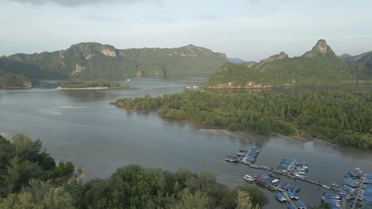 Flyover of small marina near Tanjung Rhu Beach on Langkawi Malaysia
