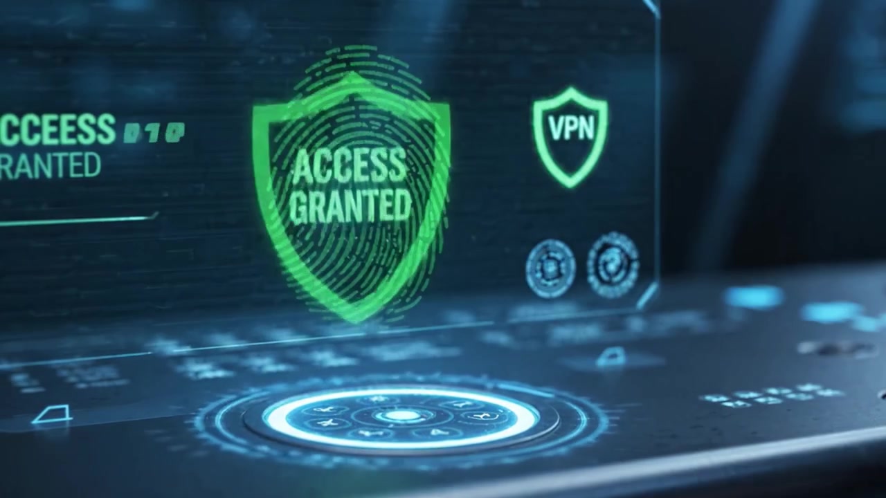 Dynamic Data Visualization and Cybersecurity Interface Displaying Protection Features and Global Networks in a Modern Technological Setting