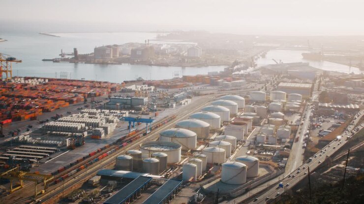 seagull flying over industrial seaport area in Barcelona