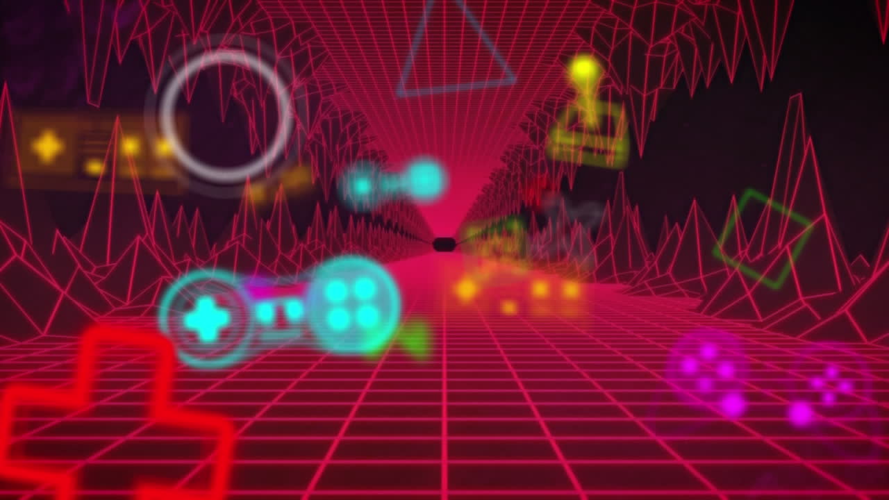 네온 비디오 게임 디지털 인터페이스의 애니메이션이 빨간색 그리드 위에서  ⁇ 박이고 있습니다.