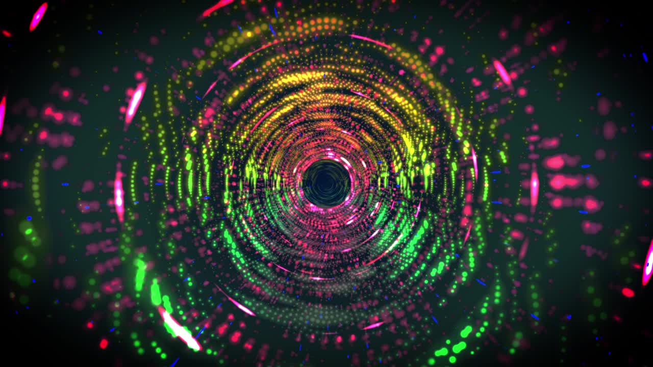 un túnel resplandeciente abstracto con brillantes anillos iridescentes de luz que brillan en movimiento tranquilo