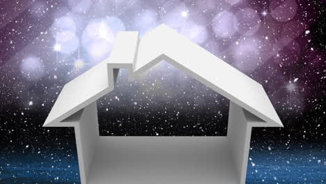 animation of snow falling over house shape and christmas lights pattern