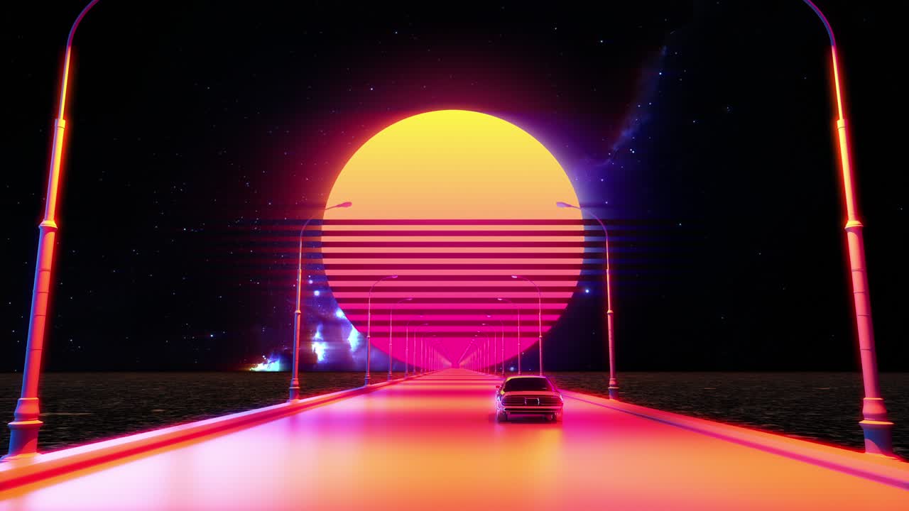 Auto retrò che si dirige verso una grande luna, sfondo synthwave, retrowave, loop infinito
