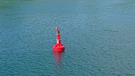 a red navigation buoy swaying gently in a calm rippling ocean