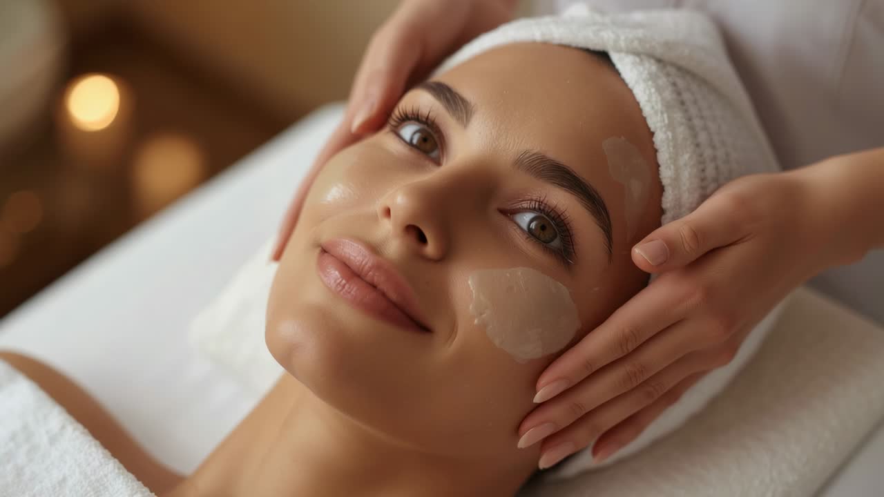 Receiving spa pro massage, client at spa with hands touching towel wrap, hydrogel patches calming