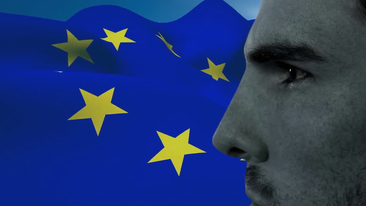 animación del hombre caucásico sobre la bandera de la ue