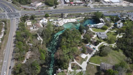 aerial-of-the-Weeki-Wachee-Springs-State-Park,-mermaid-shows-and-amusement-rides