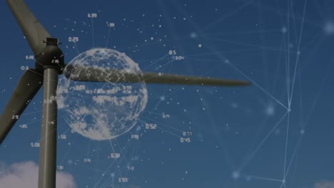 Animation-of-network-of-connections-and-globe-over-wind-turbine