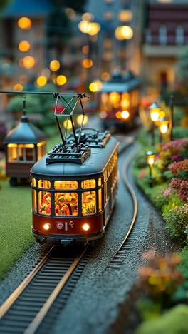 a charming model tram navigating a vibrant miniature village at night