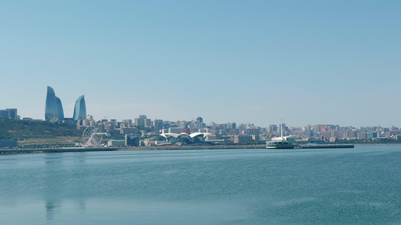 Baku Skyline at Caspian Sea with Flame Towers Skyscraper - Sunny Day
