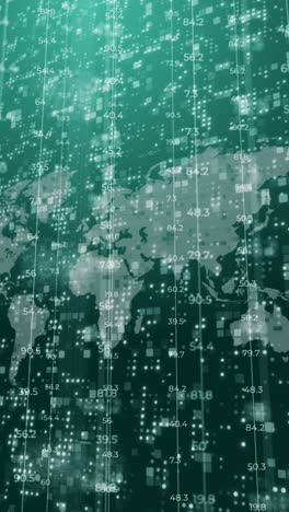 electronic digital display with animated numbers changing and moving down. financial chart with world map on green background. looped animation. vertical video.