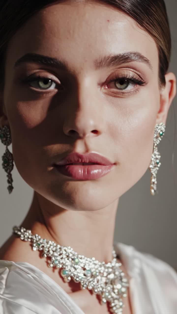 Close-up portrait of a woman with ornate jewelry, eyes closed, in soft lighting
