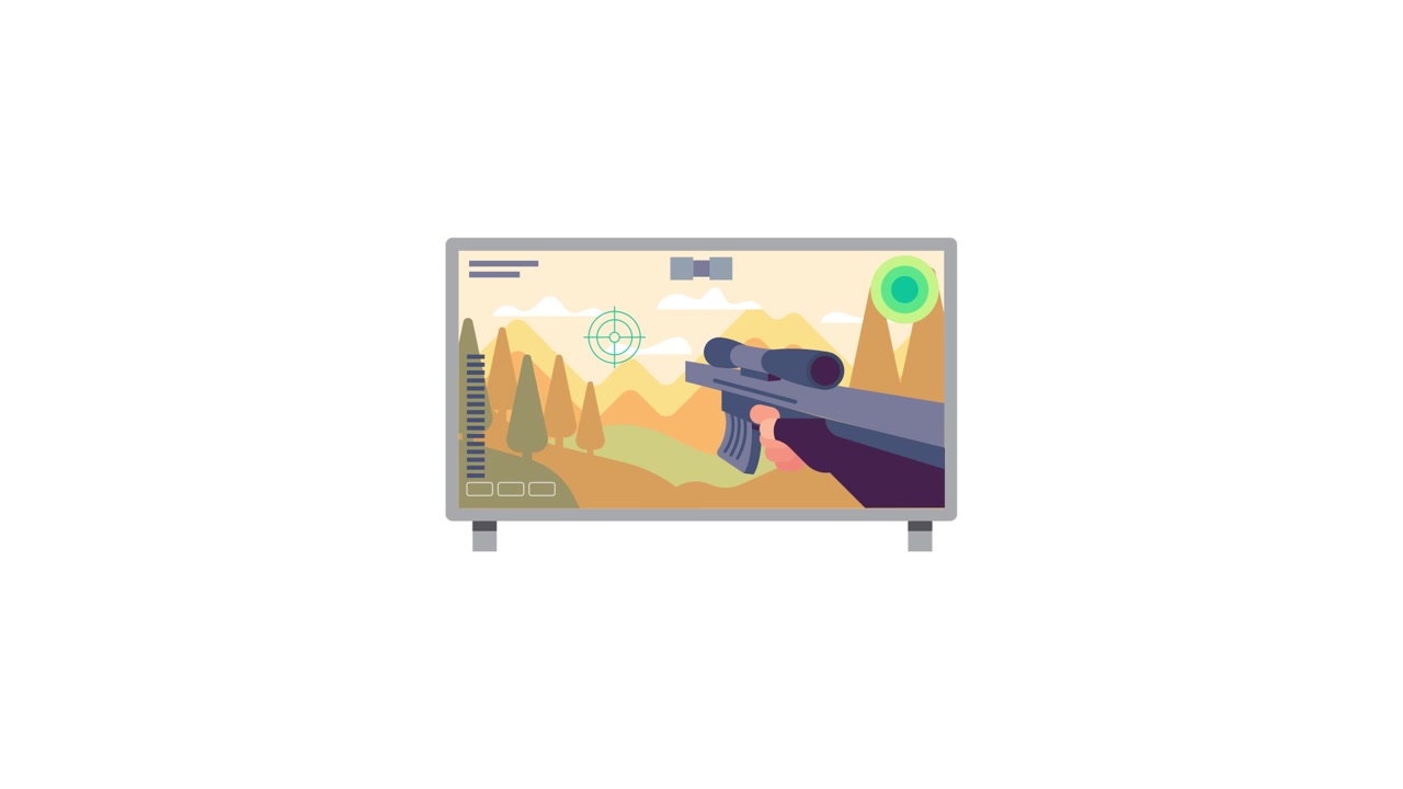 Animated Video Game on TV Screen with Sniper Rifle