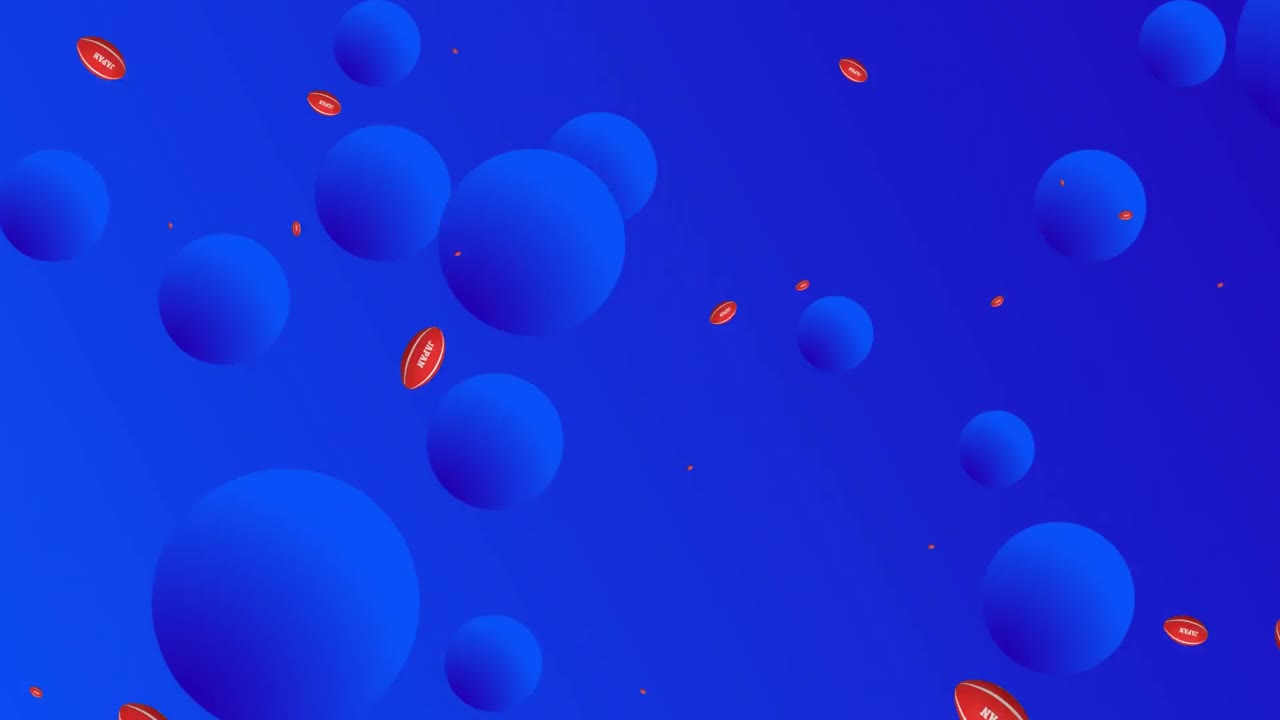 Animation of rugby ball with japan text over dots on blue background
