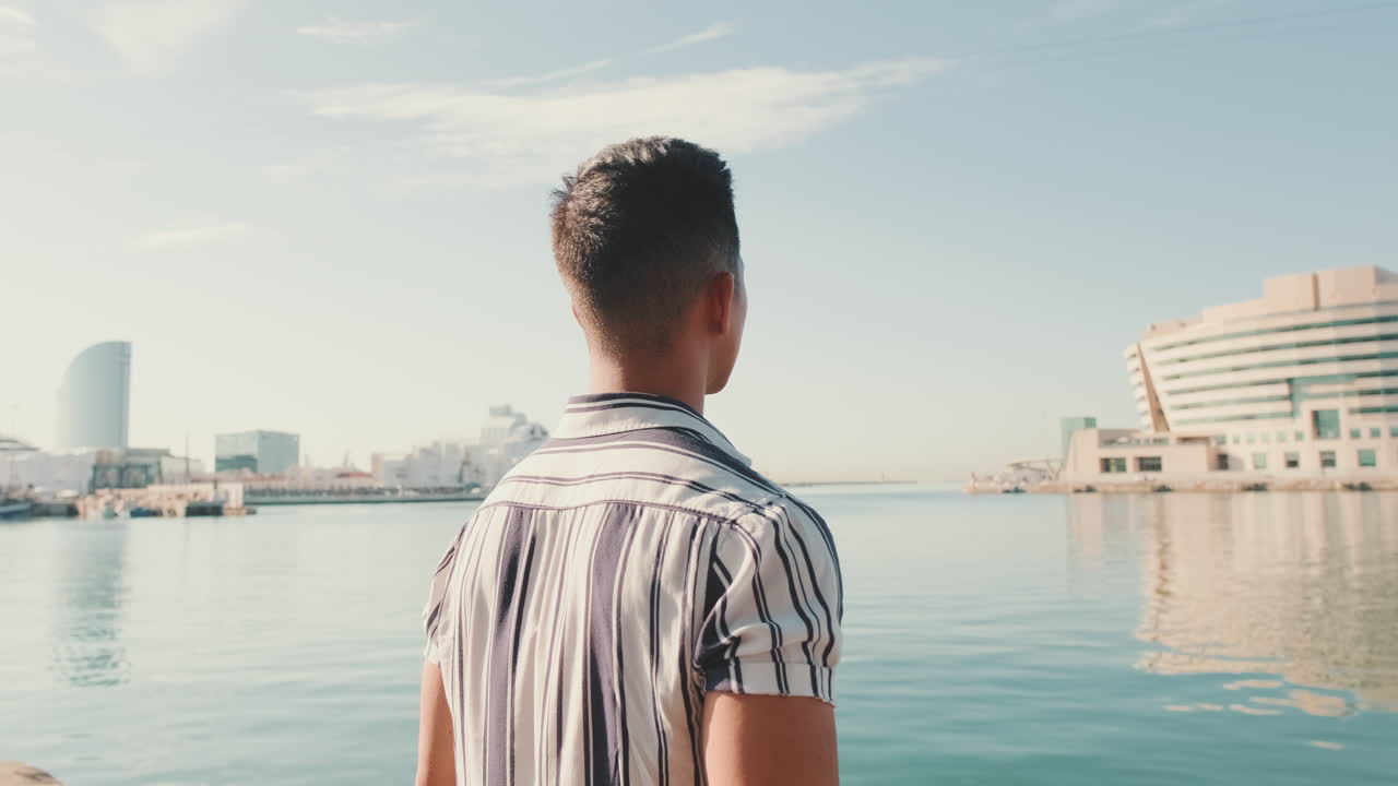 Man looking at cityscape by the water