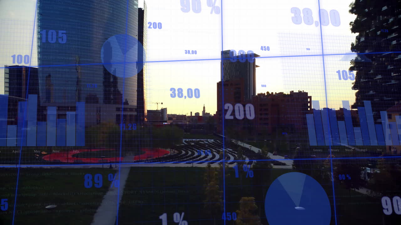 Data visualization overlay with percentages and graphs on cityscape ...