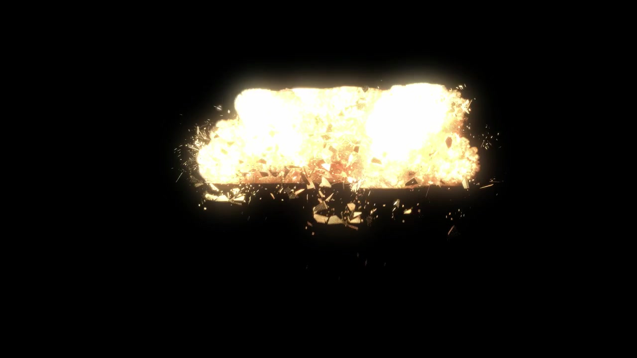 Efecto especial 3D, animación de explosión de edificio que produce escombros, canal alfa