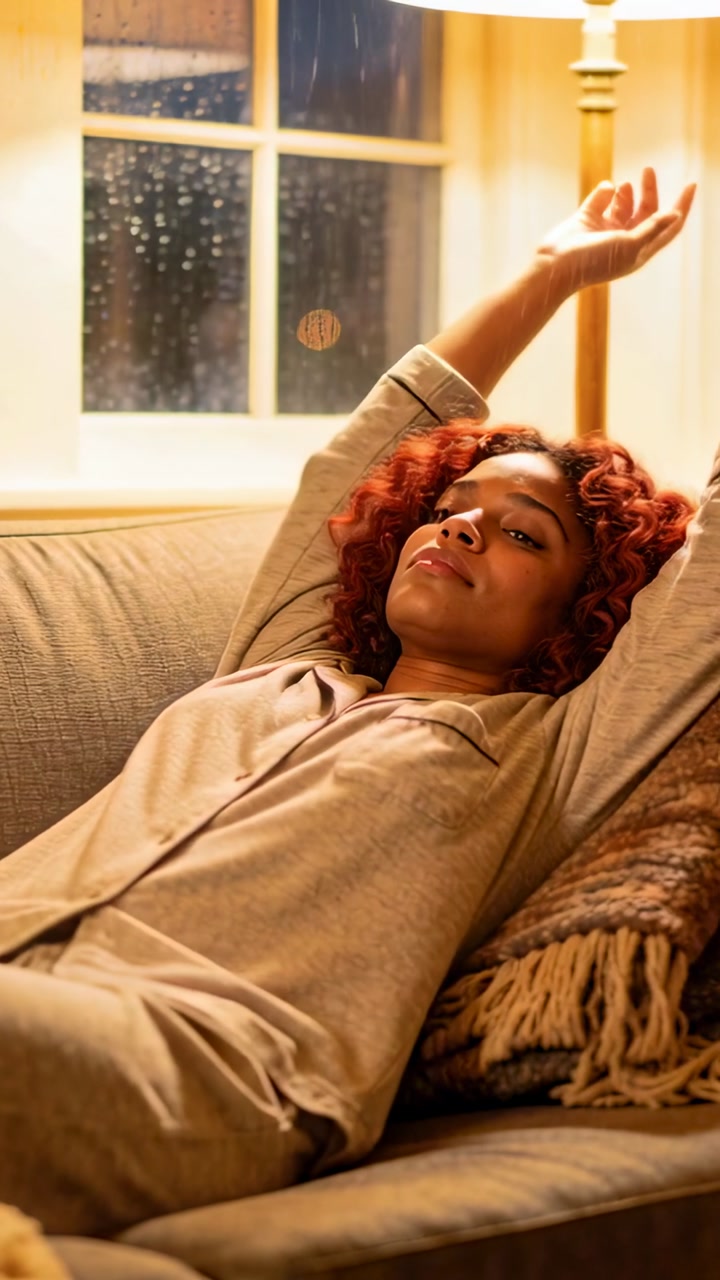 Woman lounging on couch by window, rain tapping glass nudging slow reaching and finding home calm