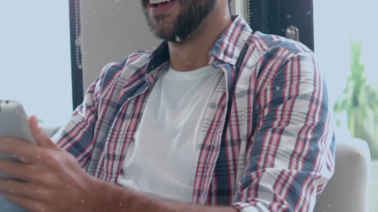 animación de puntos sobre el hombre caucásico usando la tableta.