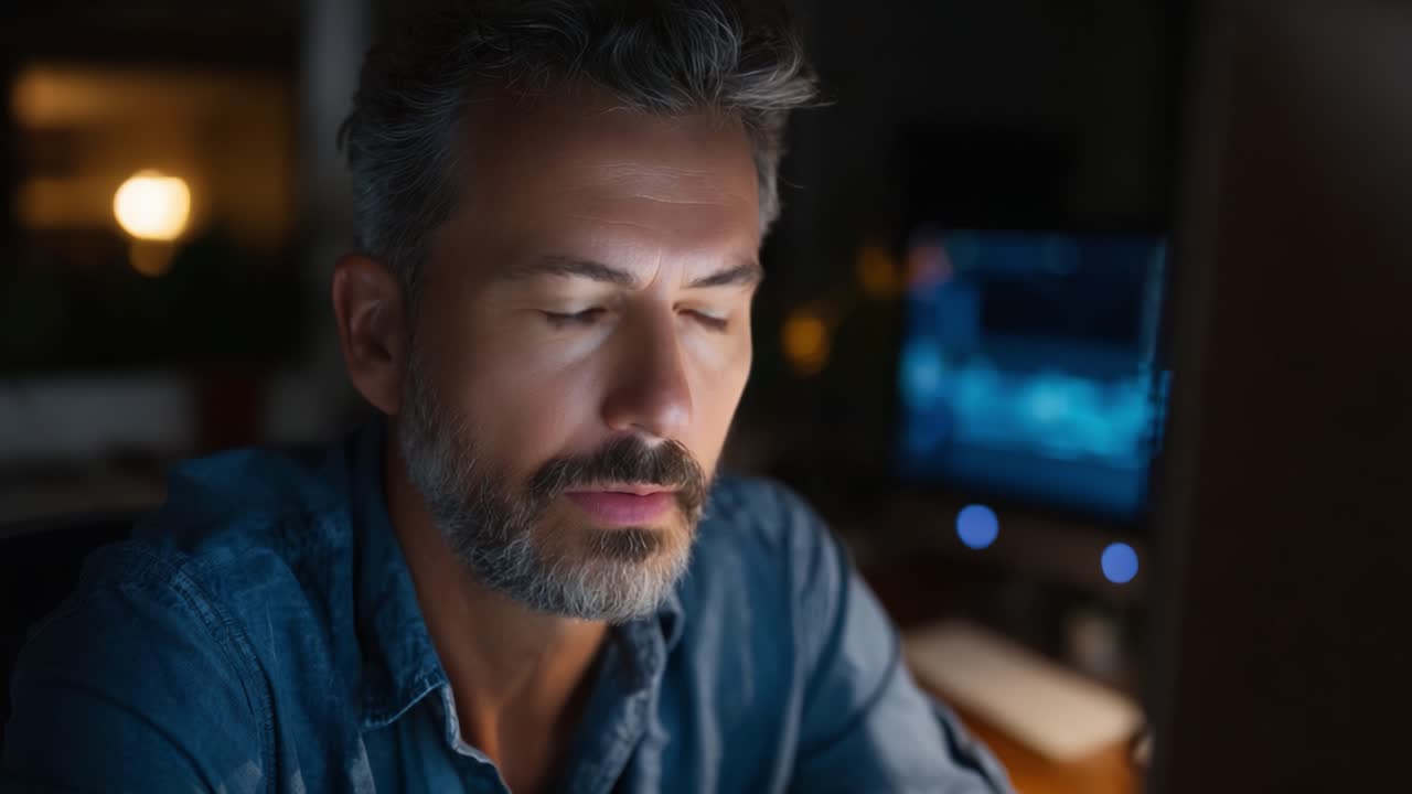 Focused Man Staring at Computer Screen in a Dimly Lit Room, Reflecting Intense Engagement and Concentration on Digital Work or Creative Project