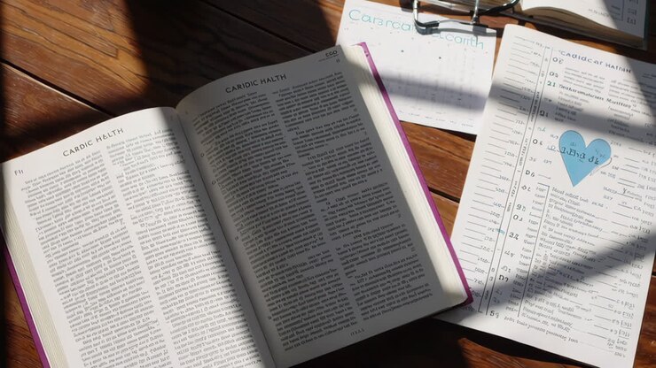 Open Book, Medical Documents, and Calendar on Wooden Table