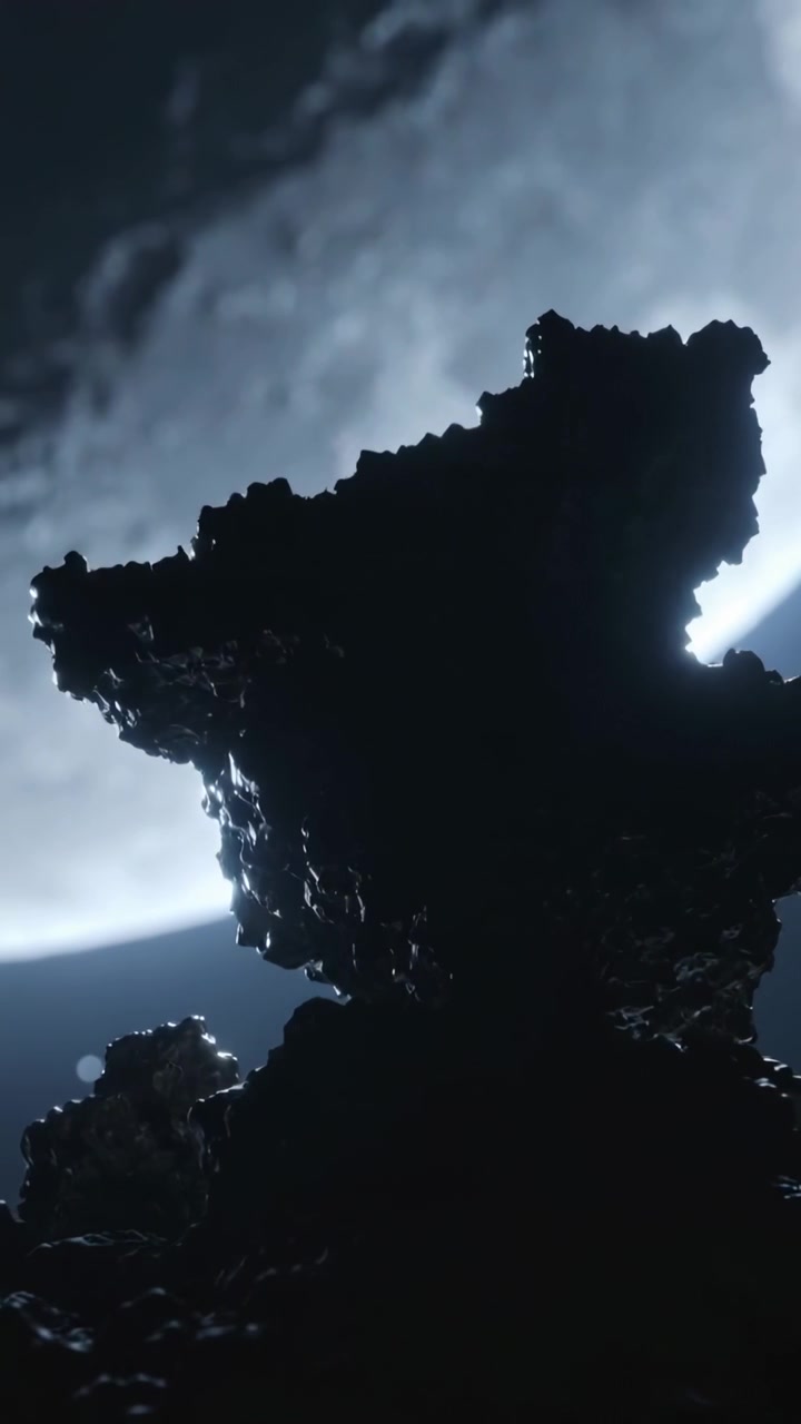 Video verticale: Telecamera che sale rivelando una roccia frastagliata in orbita vicino a una luna craterizzata, bordi illuminati sui contorni.