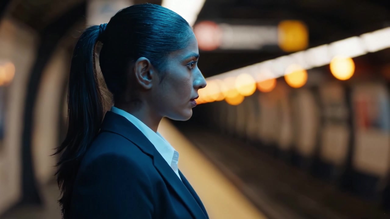 A poised individual waits at a subway station, capturing a moment of contemplation in a sleek, dark environment with blurred lights in the background.