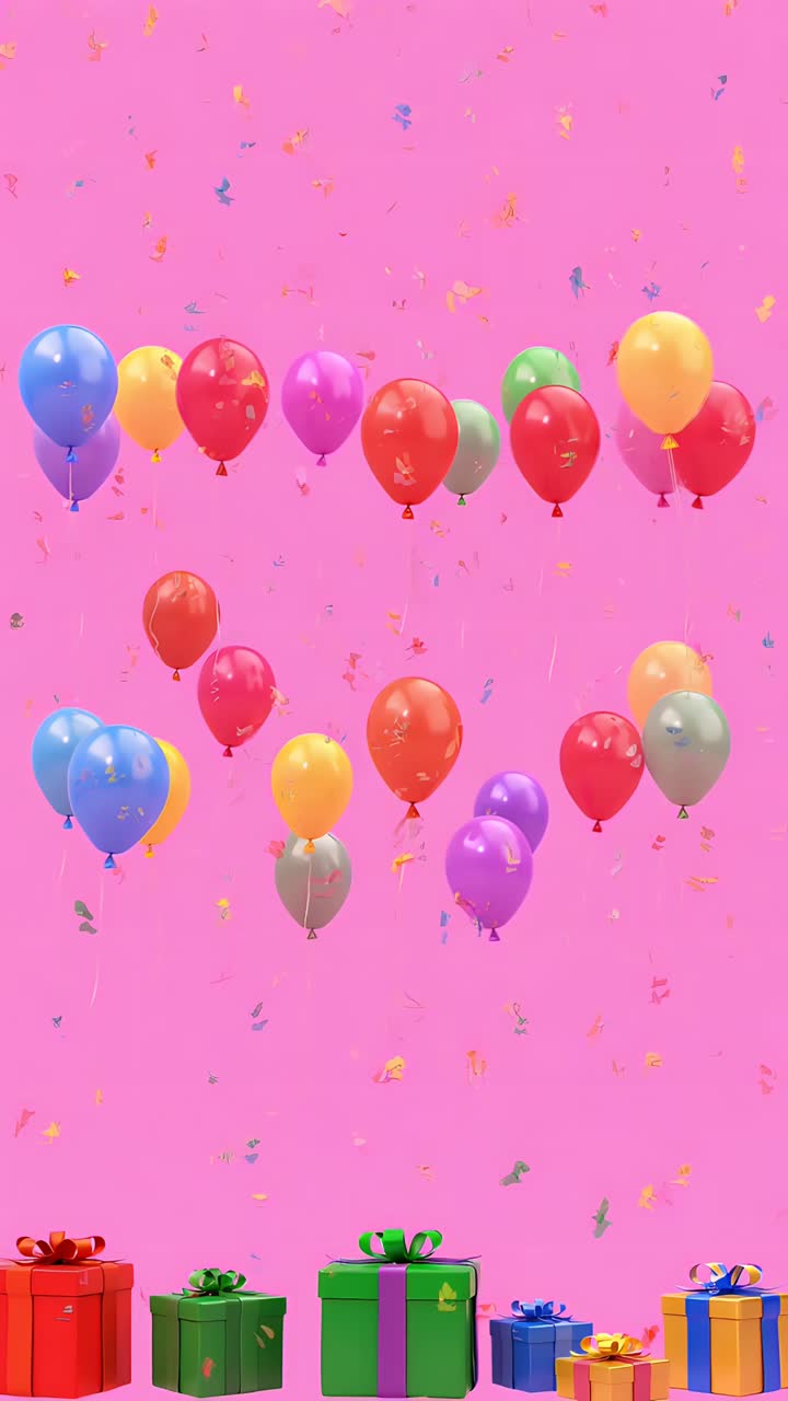 Video di sfondo di compleanno con palloncini e scatole regalo 4K
