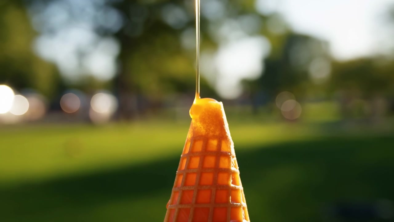Una scena di parco illuminata dal sole mostra miele ambrato che gocciola dall'alto su un cono waffle, creando un flusso lucido e viscoso che si deposita sulla superficie testurizzata.