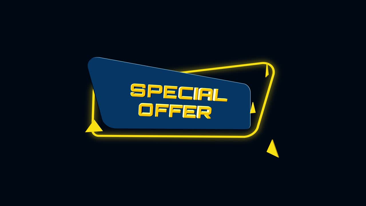 oferta especial de texto de animación 3d en un estandarte geométrico plano de moda. objeto volador y giratorio. animación gráfica de movimiento de video 4k.
