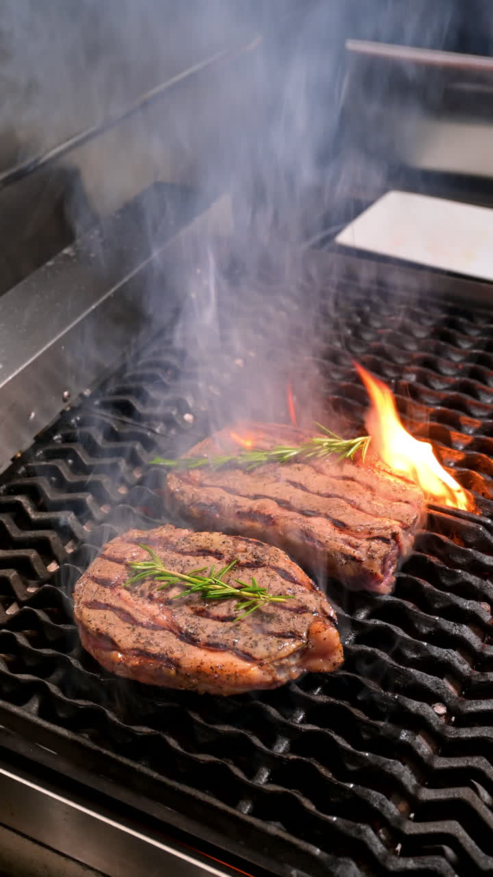 Grilled steaks with flames and rosemary. Two beef steaks cooking on the grill with flames and rosemary on top for seasoning
