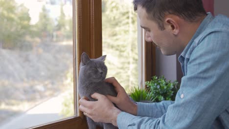 the cat and the man are watching out the window.