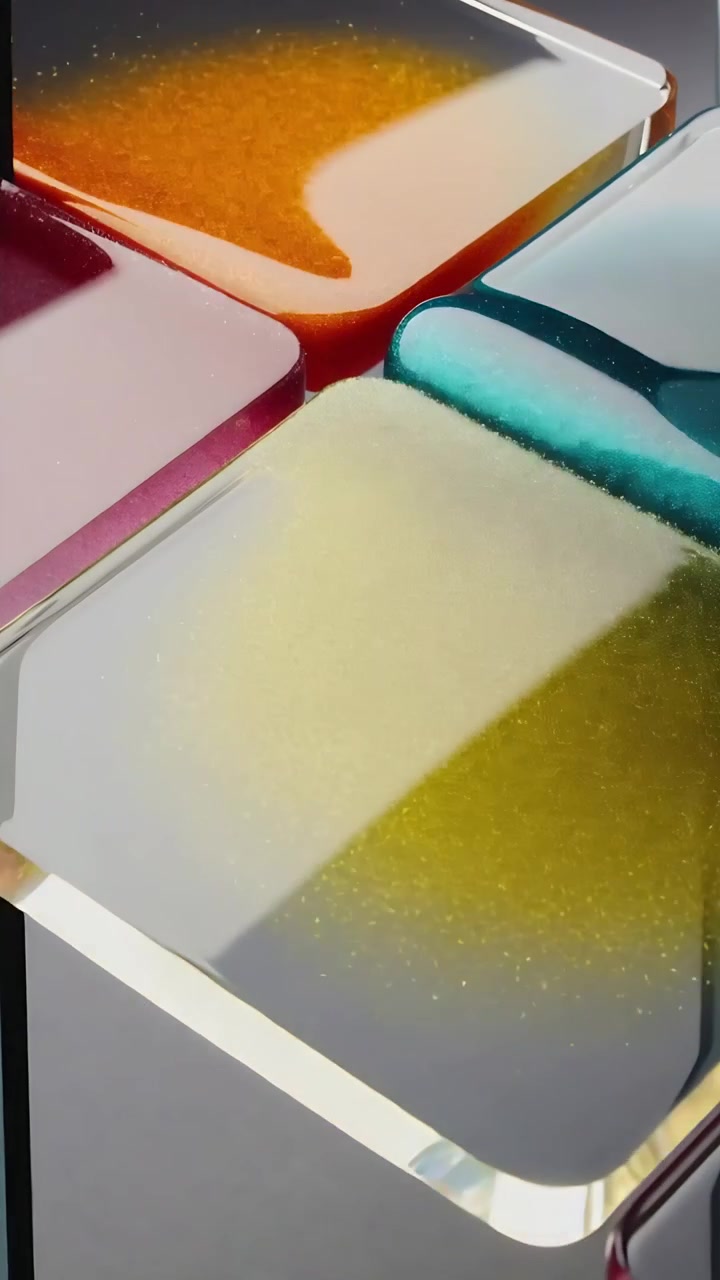 Vertical video: Moving camera revealing orange teal pink green-yellow tiles in studio showing sheen