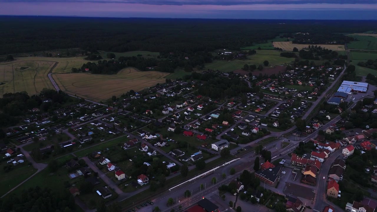 Veduta aerea, zona di ville, foresta e campi sullo sfondo, notte d'estate.