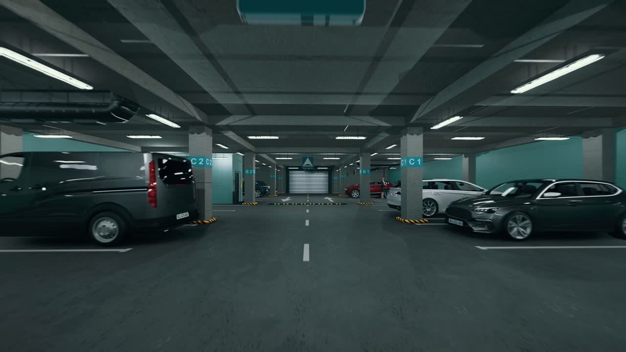 Underground parking with cars. Modern underground parking. Indoor full modern parking. Underground Parking Garage Scene