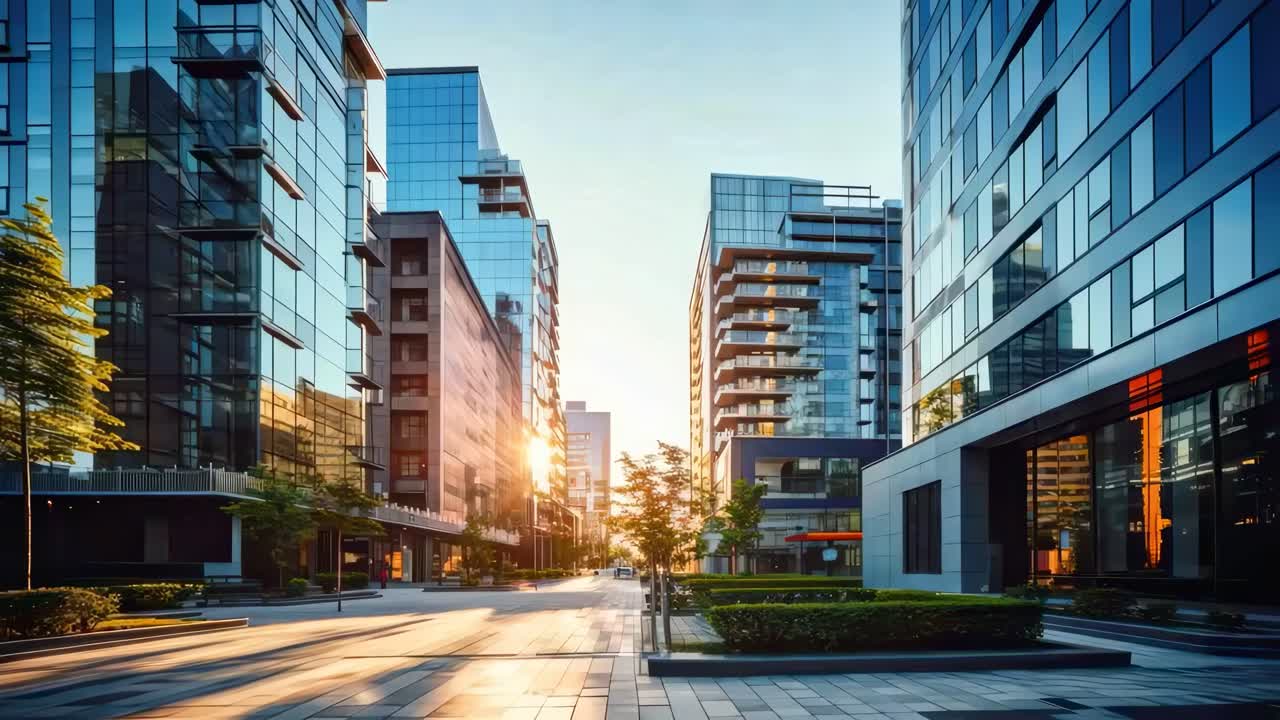 Paisagem urbana moderna ao nascer do sol, capturada em ângulo baixo, exibindo edifícios de vidro elegantes