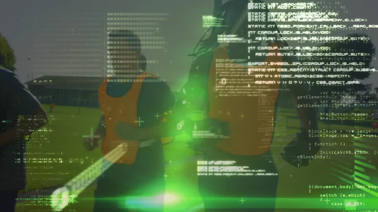 Green spots of light and data processing against team of male soccer players running on sports field