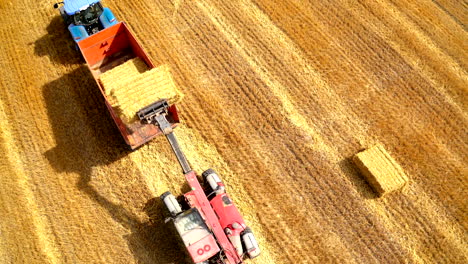 Agricultural machinery working on field in summer. Machine carrying over straw bales and packed into a tractor trailer on yellow field background. Aerial view.