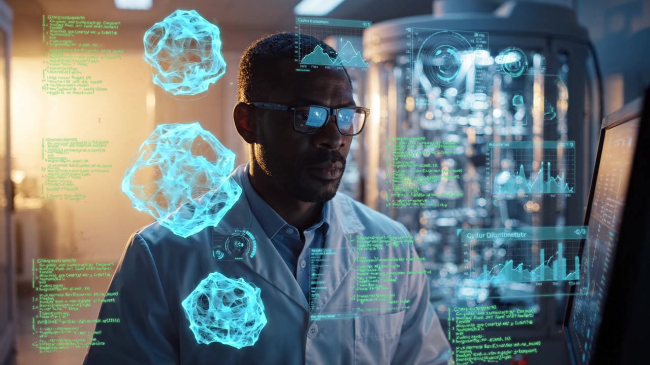 A focused scientist in a laboratory setting analyzes complex data while interacting with advanced holographic visuals representing molecular structures and information.