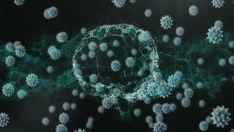Animation-Von-Makro-Coronavirus-Covid-19-Zellen,-Die-über-Einem-Sich-Drehenden-Gehirn-Schweben